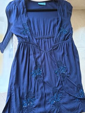 Letarte handmade Embroidered Deep Blue Tunic with Teal Accents